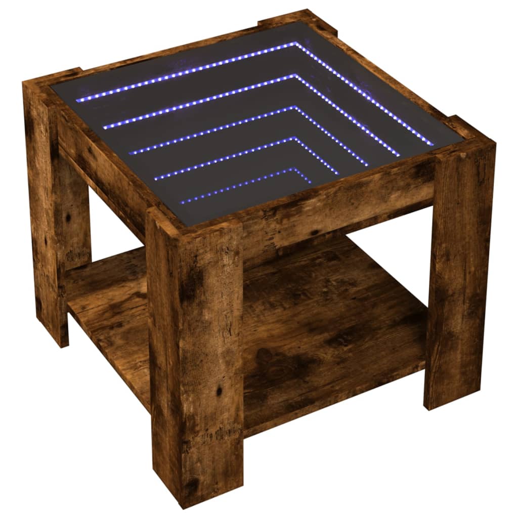 Salontafel met LED 53x53x45 cm bewerkt hout gerookt eikenkleur is nu te koop bij PeponiXL, paradijselijk wonen!
