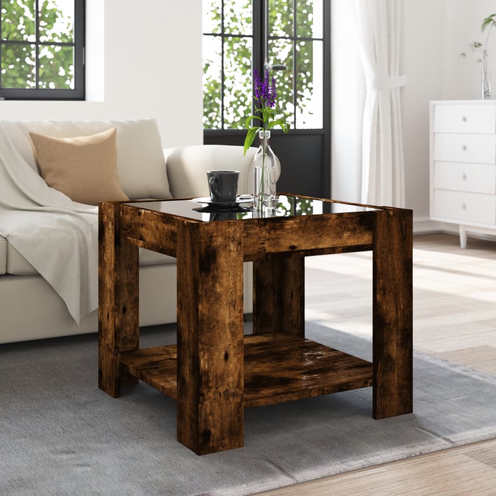 Salontafel met LED 53x53x45 cm bewerkt hout gerookt eikenkleur is nu te koop bij PeponiXL, paradijselijk wonen!