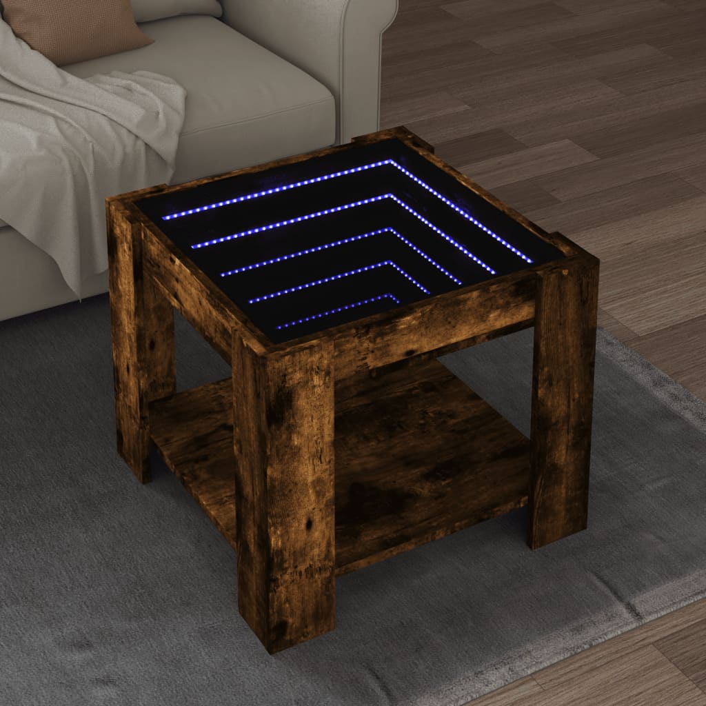 Salontafel met LED 53x53x45 cm bewerkt hout gerookt eikenkleur is nu te koop bij PeponiXL, paradijselijk wonen!