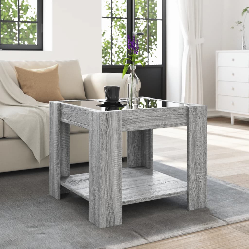Salontafel met LED 53x53x45 cm bewerkt hout grijs sonoma eiken is nu te koop bij PeponiXL, paradijselijk wonen!