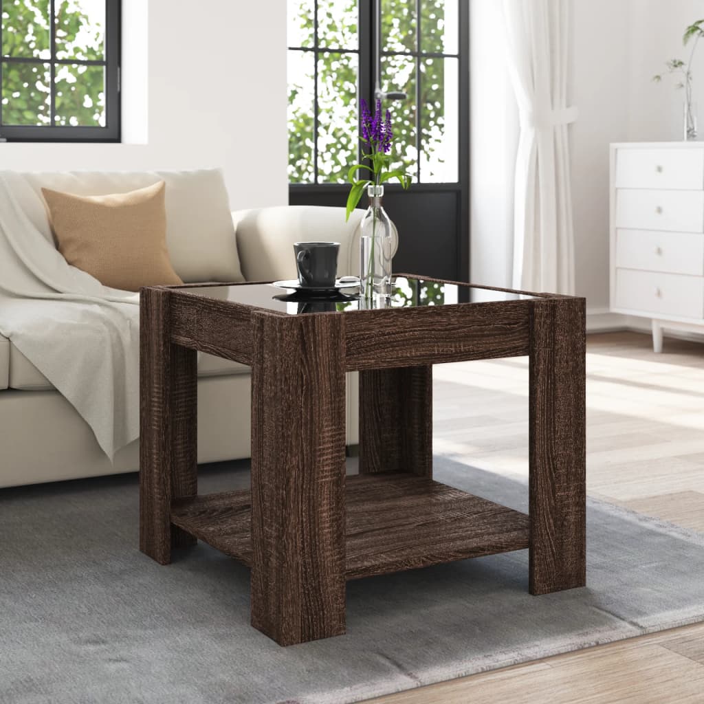 Salontafel met LED 53x53x45 cm bewerkt hout bruin eikenkleurig is nu te koop bij PeponiXL, paradijselijk wonen!