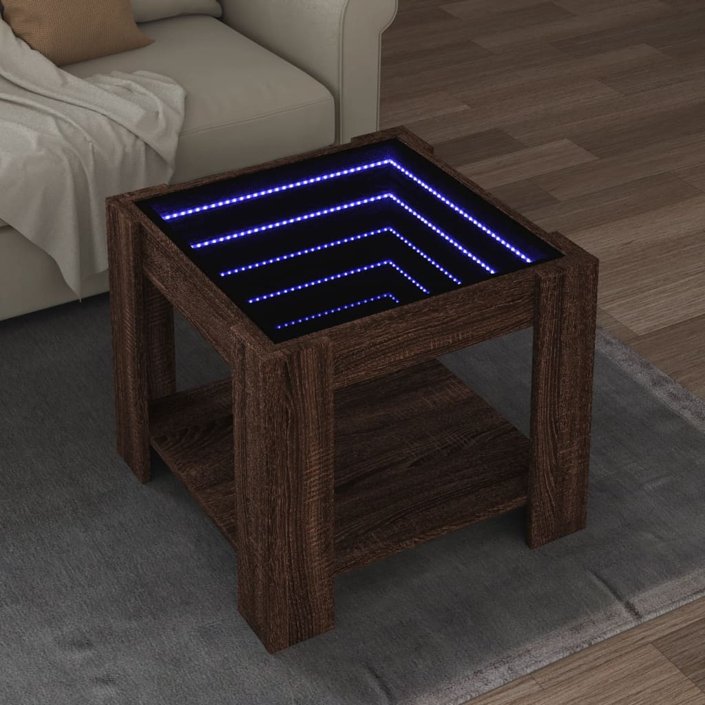 Salontafel met LED 53x53x45 cm bewerkt hout bruin eikenkleurig is nu te koop bij PeponiXL, paradijselijk wonen!