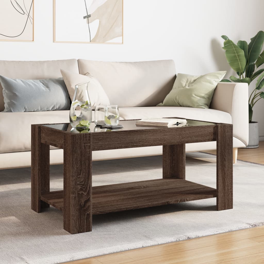 Salontafel met LED 93x53x45 cm bewerkt hout bruin eikenkleur is nu te koop bij PeponiXL, paradijselijk wonen!