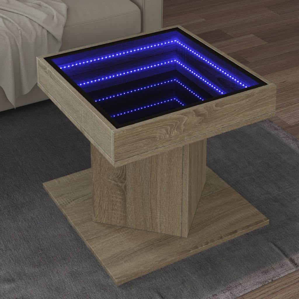 Salontafel met LED 50x50x45 cm bewerkt hout sonoma eikenkleurig is nu te koop bij PeponiXL, paradijselijk wonen!