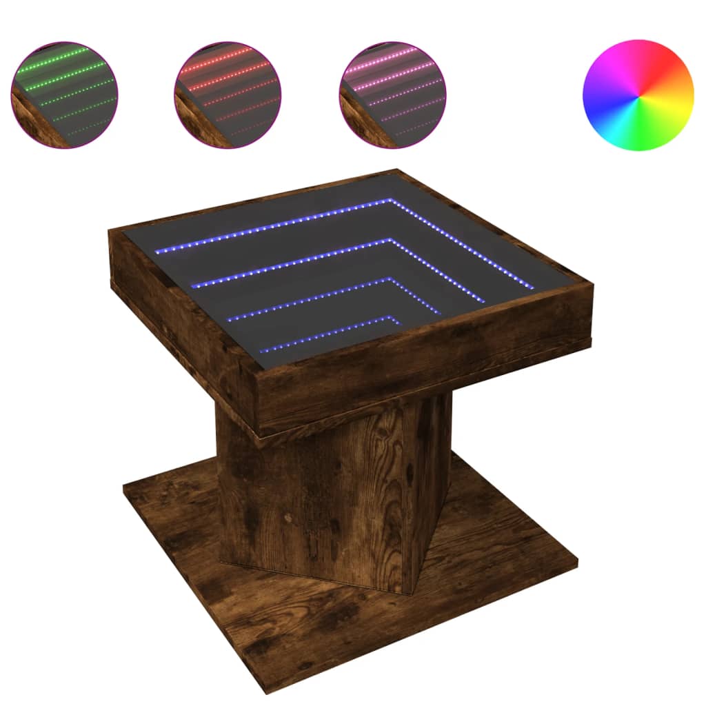 Salontafel met LED 50x50x45 cm bewerkt hout gerookt eikenkleur is nu te koop bij PeponiXL, paradijselijk wonen!