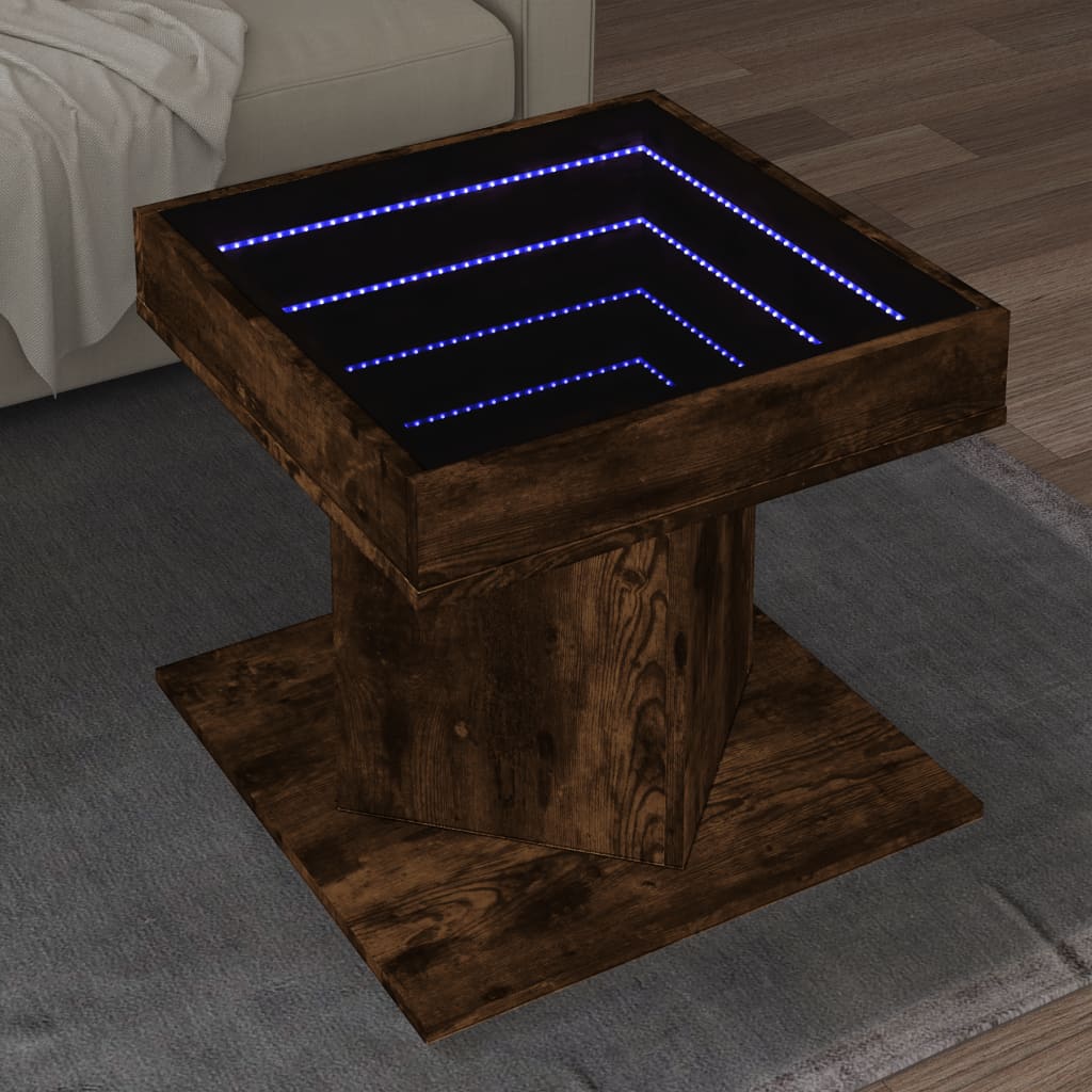 Salontafel met LED 50x50x45 cm bewerkt hout gerookt eikenkleur is nu te koop bij PeponiXL, paradijselijk wonen!