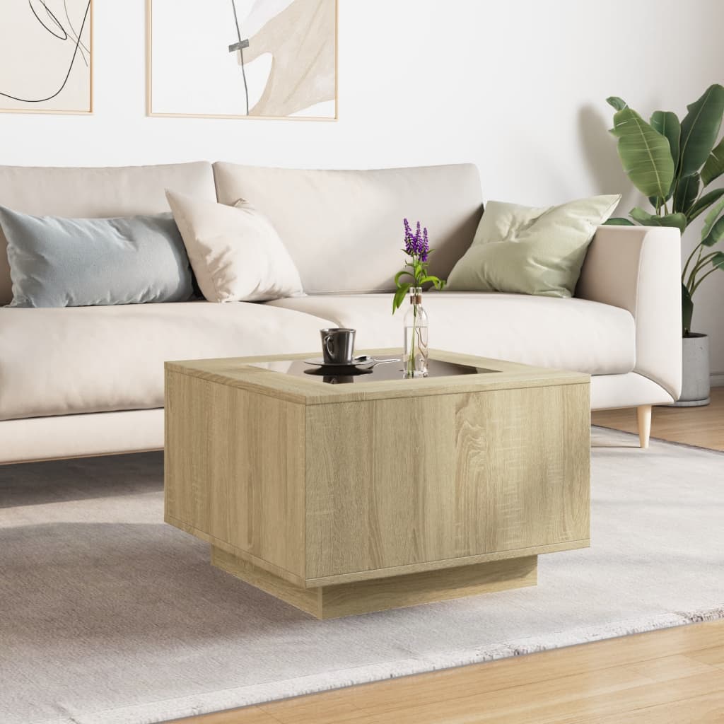 Salontafel met LED 60x60x40 cm bewerkt hout sonoma eikenkleurig is nu te koop bij PeponiXL, paradijselijk wonen!