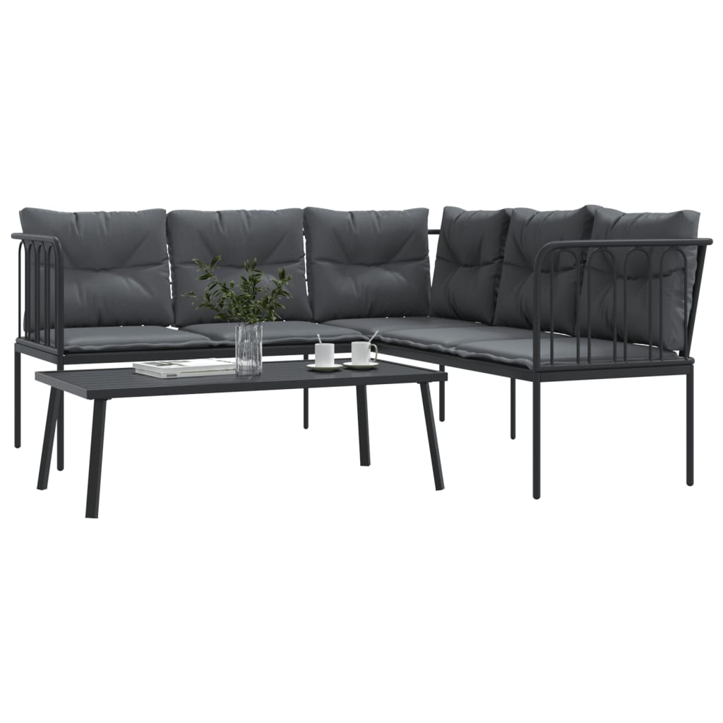 Loungeset met kussens staal en textileen zwart is nu te koop bij PeponiXL, paradijselijk wonen!