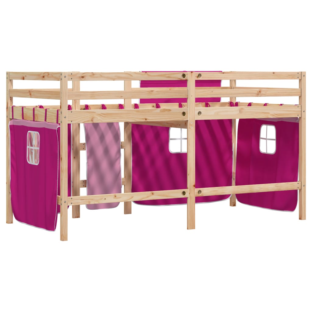 Kinderhoogslaper met gordijnen 90x200 cm grenenhout roze is nu te koop bij PeponiXL, paradijselijk wonen!