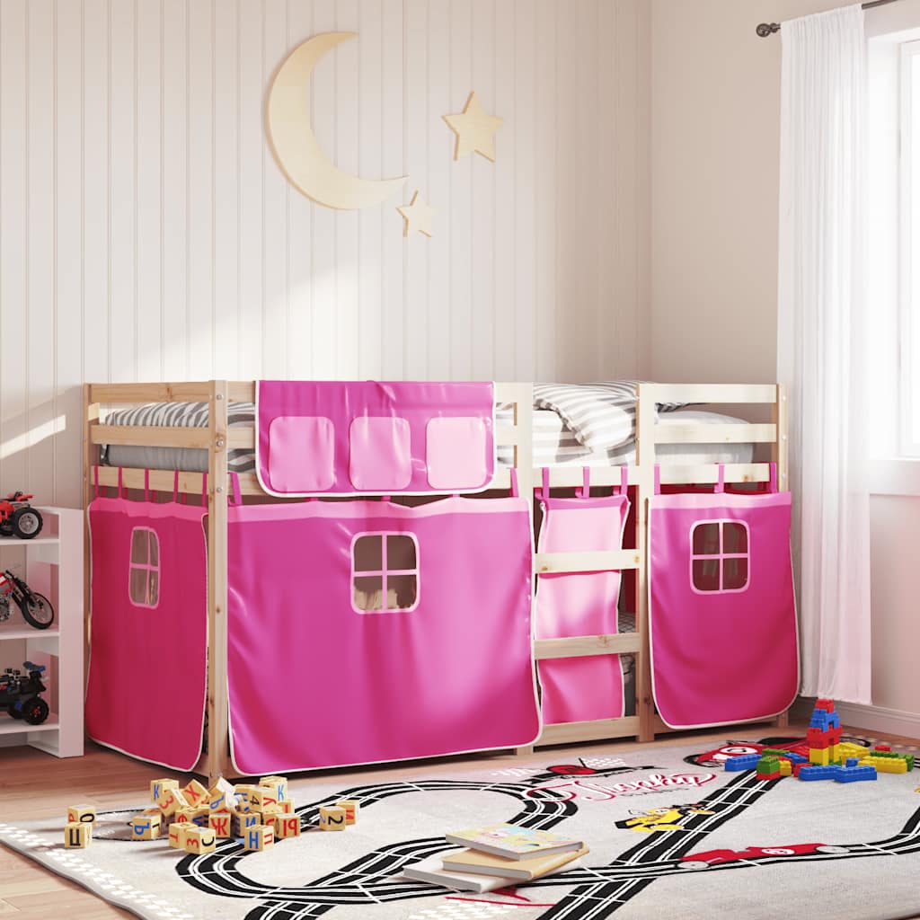 Stapelbed met gordijnen 90x190 cm grenenhout roze is nu te koop bij PeponiXL, paradijselijk wonen!