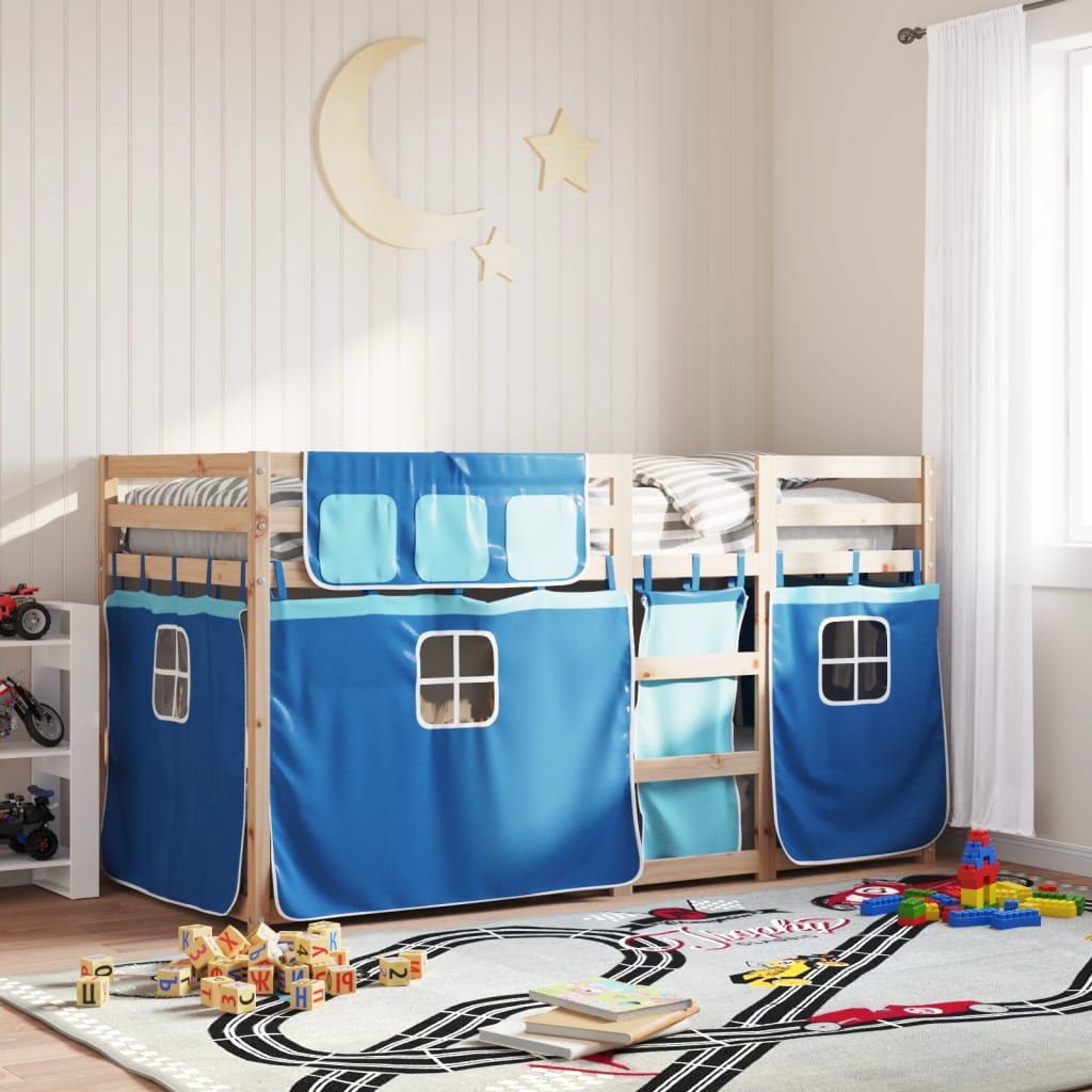 Stapelbed met gordijnen 75x190 cm massief grenenhout blauw is nu te koop bij PeponiXL, paradijselijk wonen!