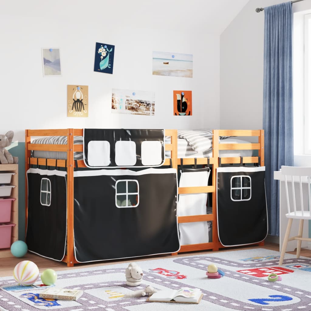 Stapelbed met gordijnen 90x200 cm grenenhout wit en zwart is nu te koop bij PeponiXL, paradijselijk wonen!