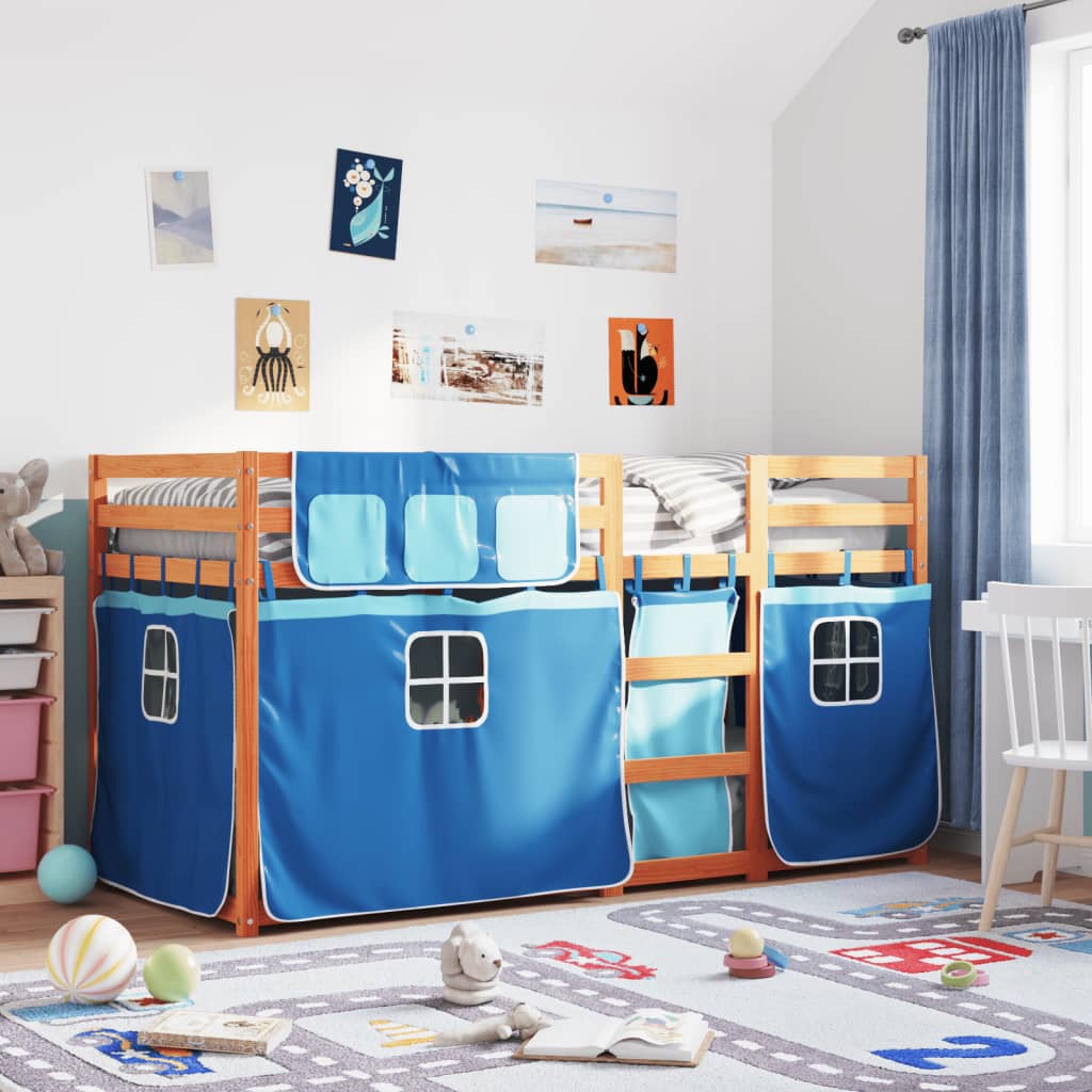 Stapelbed met gordijnen 90x200 cm massief grenenhout blauw is nu te koop bij PeponiXL, paradijselijk wonen!