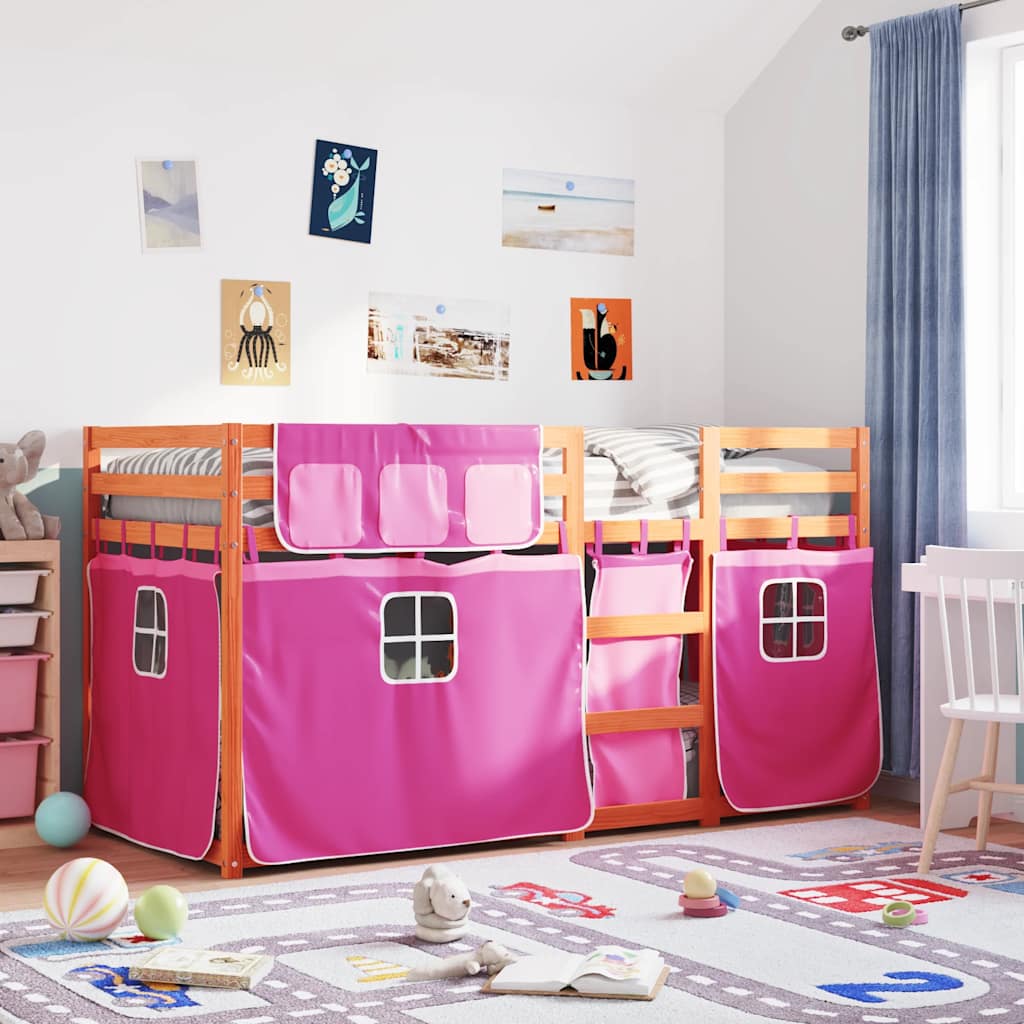 Stapelbed met gordijnen 90x200 cm grenenhout roze is nu te koop bij PeponiXL, paradijselijk wonen!