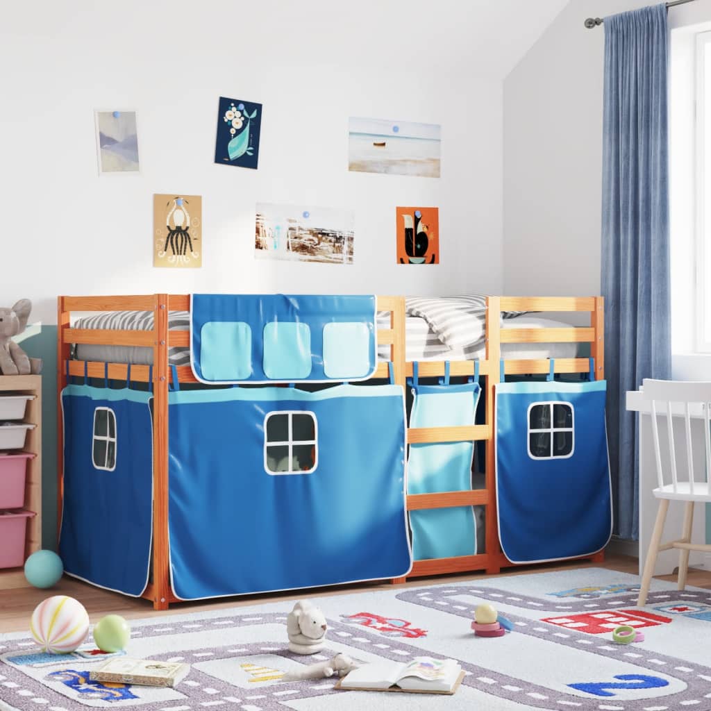 Stapelbed met gordijnen 90x190 cm massief grenenhout blauw is nu te koop bij PeponiXL, paradijselijk wonen!