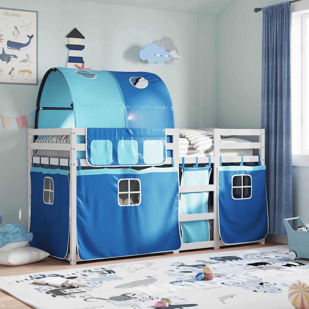 Stapelbed met gordijnen 90x200 cm massief grenenhout blauw is nu te koop bij PeponiXL, paradijselijk wonen!