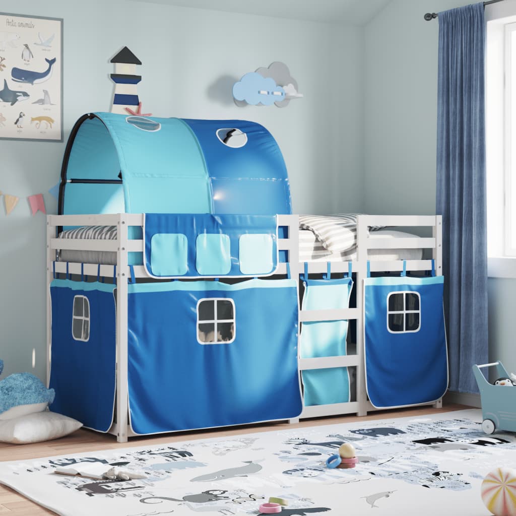Stapelbed met gordijnen 75x190 cm massief grenenhout blauw is nu te koop bij PeponiXL, paradijselijk wonen!