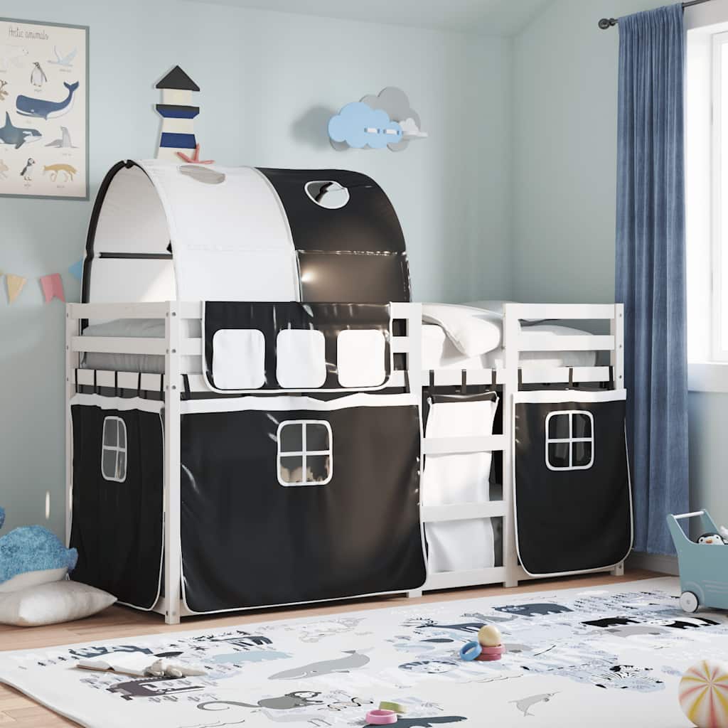 Stapelbed met gordijnen 90x200 cm grenenhout wit en zwart is nu te koop bij PeponiXL, paradijselijk wonen!