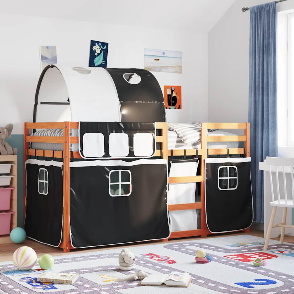 Stapelbed met gordijnen 90x200 cm grenenhout wit en zwart is nu te koop bij PeponiXL, paradijselijk wonen!