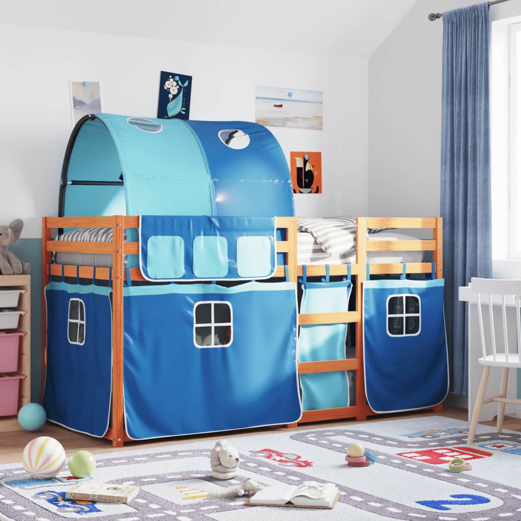 Stapelbed met gordijnen 90x200 cm massief grenenhout blauw is nu te koop bij PeponiXL, paradijselijk wonen!