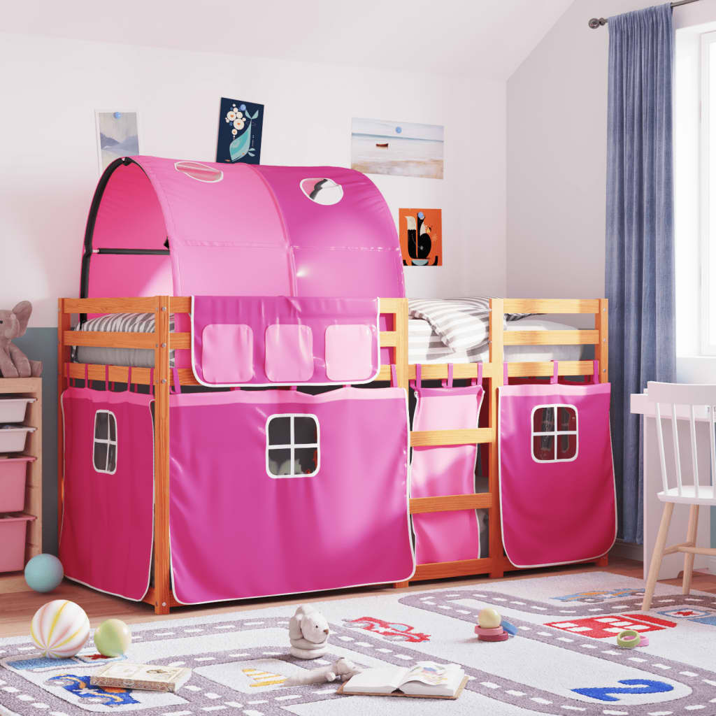 Stapelbed met gordijnen 90x200 cm grenenhout roze is nu te koop bij PeponiXL, paradijselijk wonen!