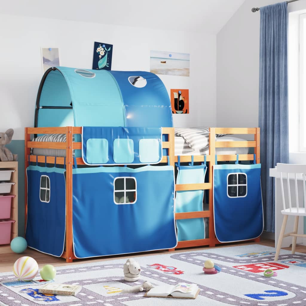 Stapelbed met gordijnen 90x190 cm massief grenenhout blauw is nu te koop bij PeponiXL, paradijselijk wonen!