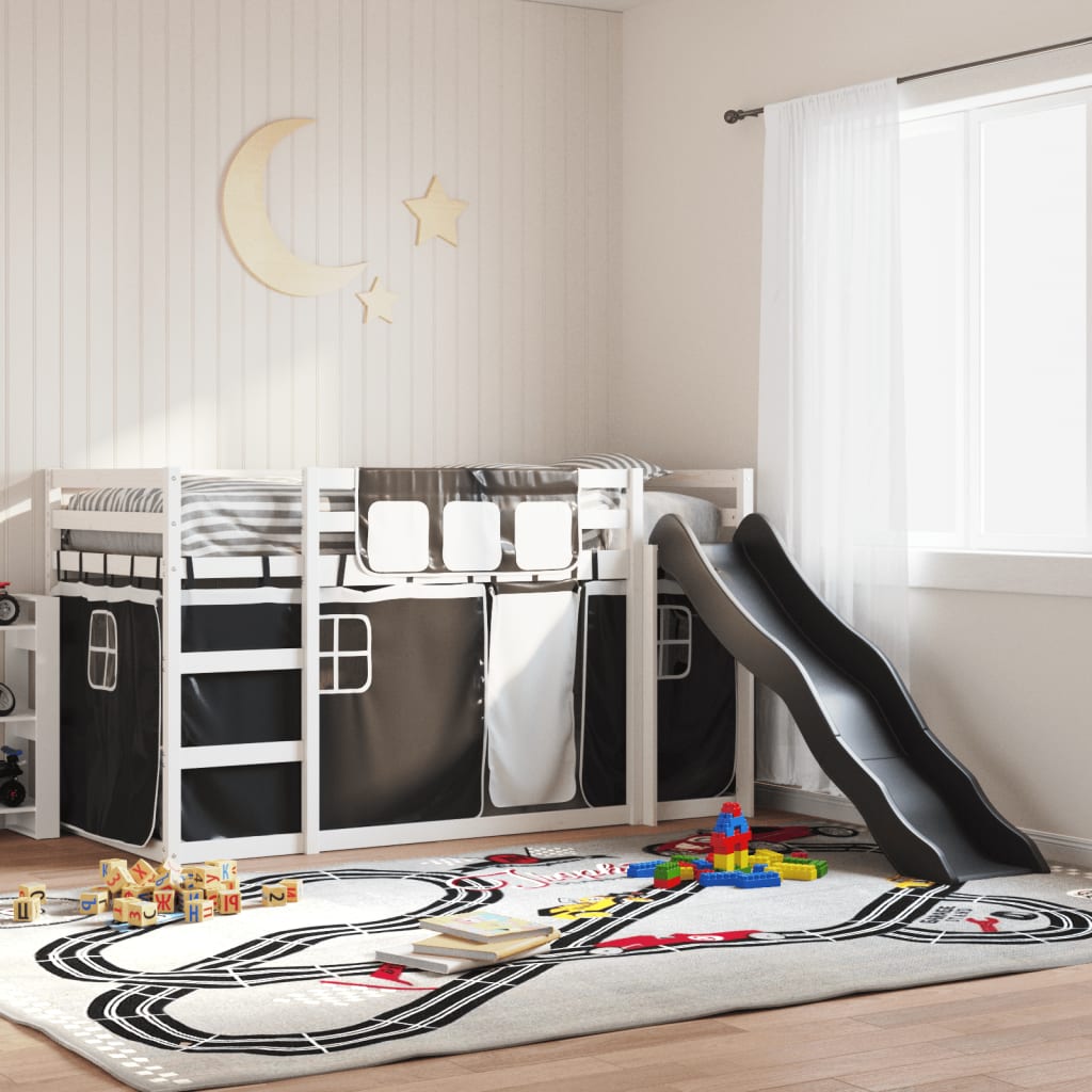 Stapelbed met glijbaan en gordijnen 90x200 cm wit en zwart is nu te koop bij PeponiXL, paradijselijk wonen!