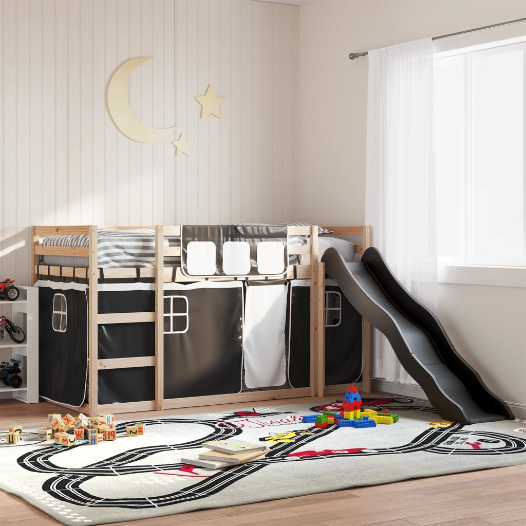 Stapelbed met glijbaan en gordijnen wit en zwart 90x190 cm is nu te koop bij PeponiXL, paradijselijk wonen!