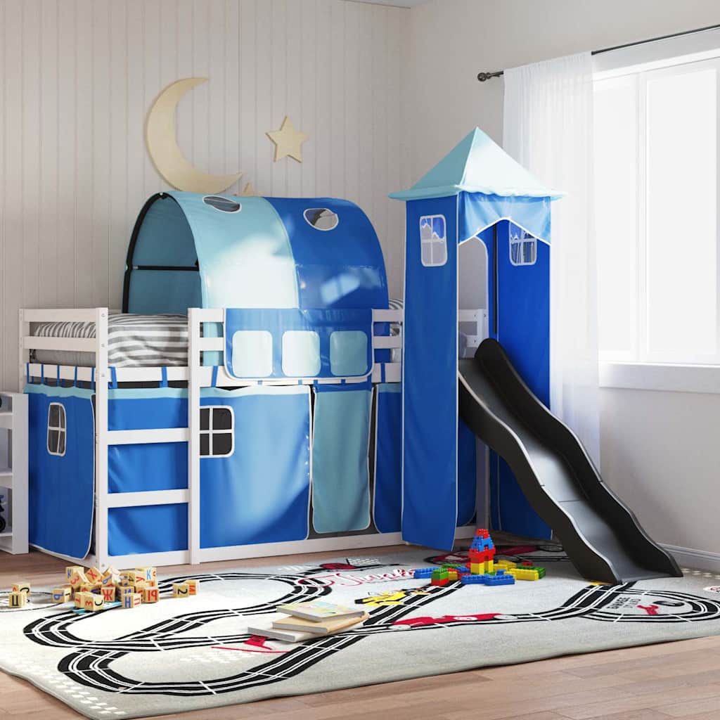 Stapelbed met glijbaan en gordijnen blauw 90x200 cm is nu te koop bij PeponiXL, paradijselijk wonen!