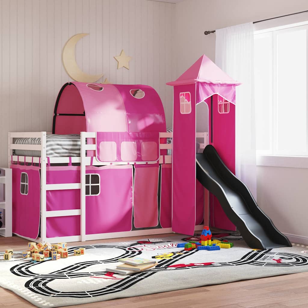 Stapelbed met glijbaan en gordijnen roze 90x200 cm is nu te koop bij PeponiXL, paradijselijk wonen!