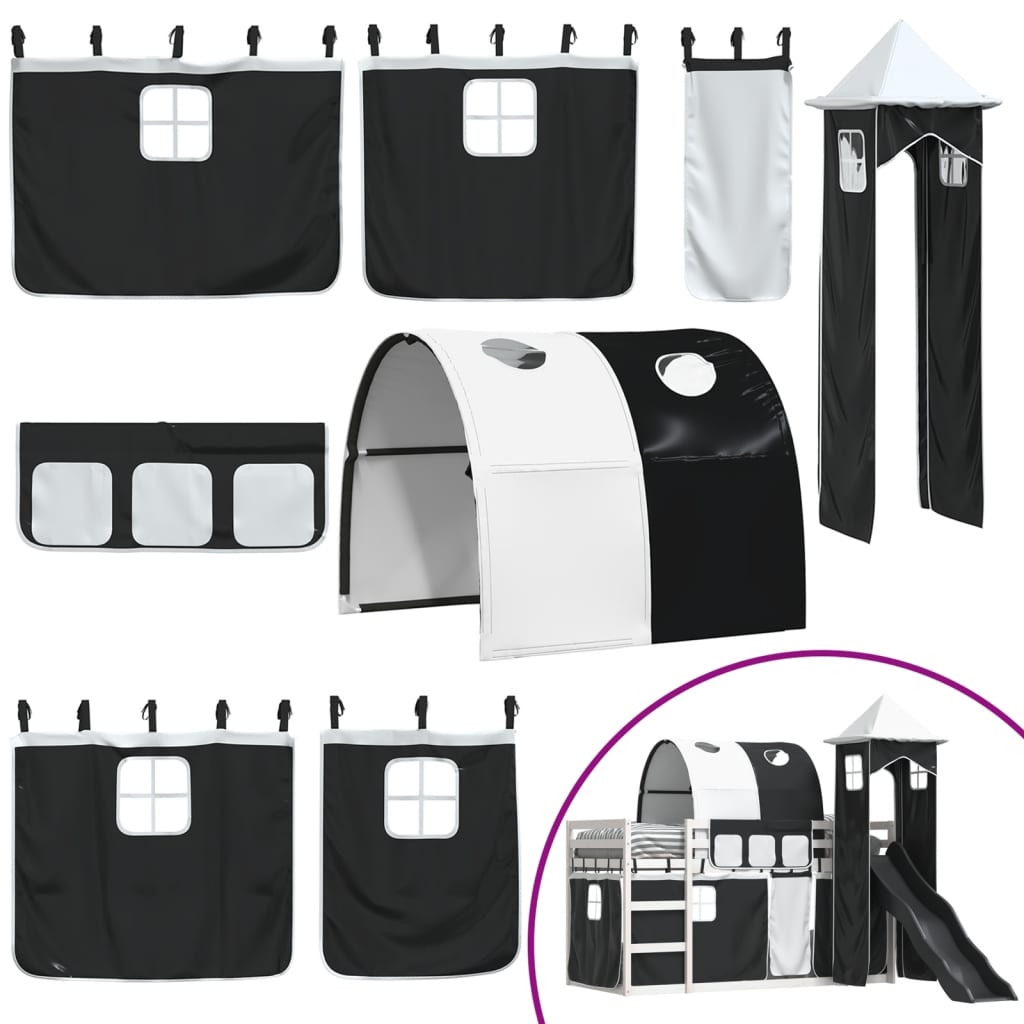 Stapelbed met glijbaan en gordijnen wit en zwart 80x200 cm is nu te koop bij PeponiXL, paradijselijk wonen!