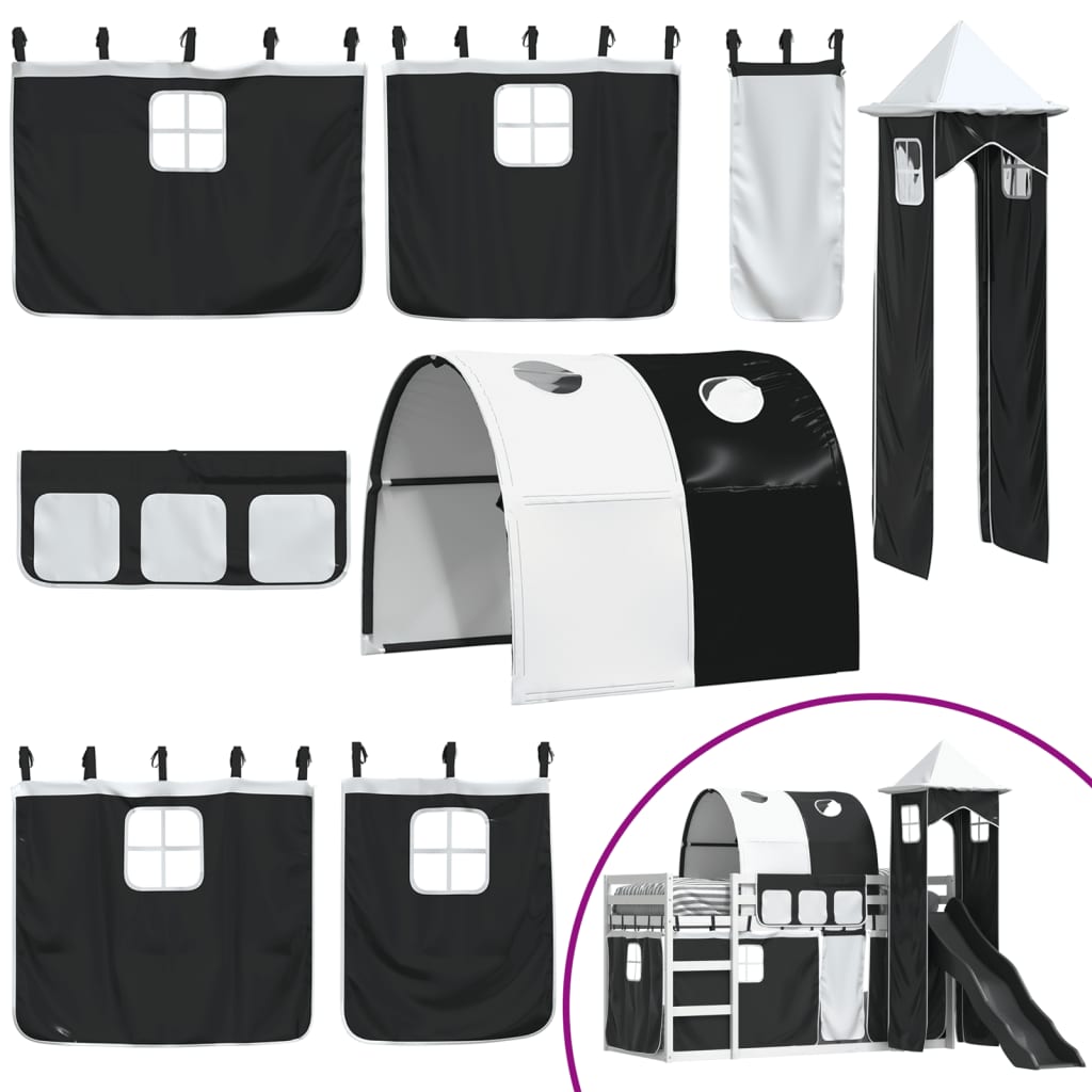 Stapelbed met glijbaan en gordijnen wit en zwart 90x190 cm is nu te koop bij PeponiXL, paradijselijk wonen!