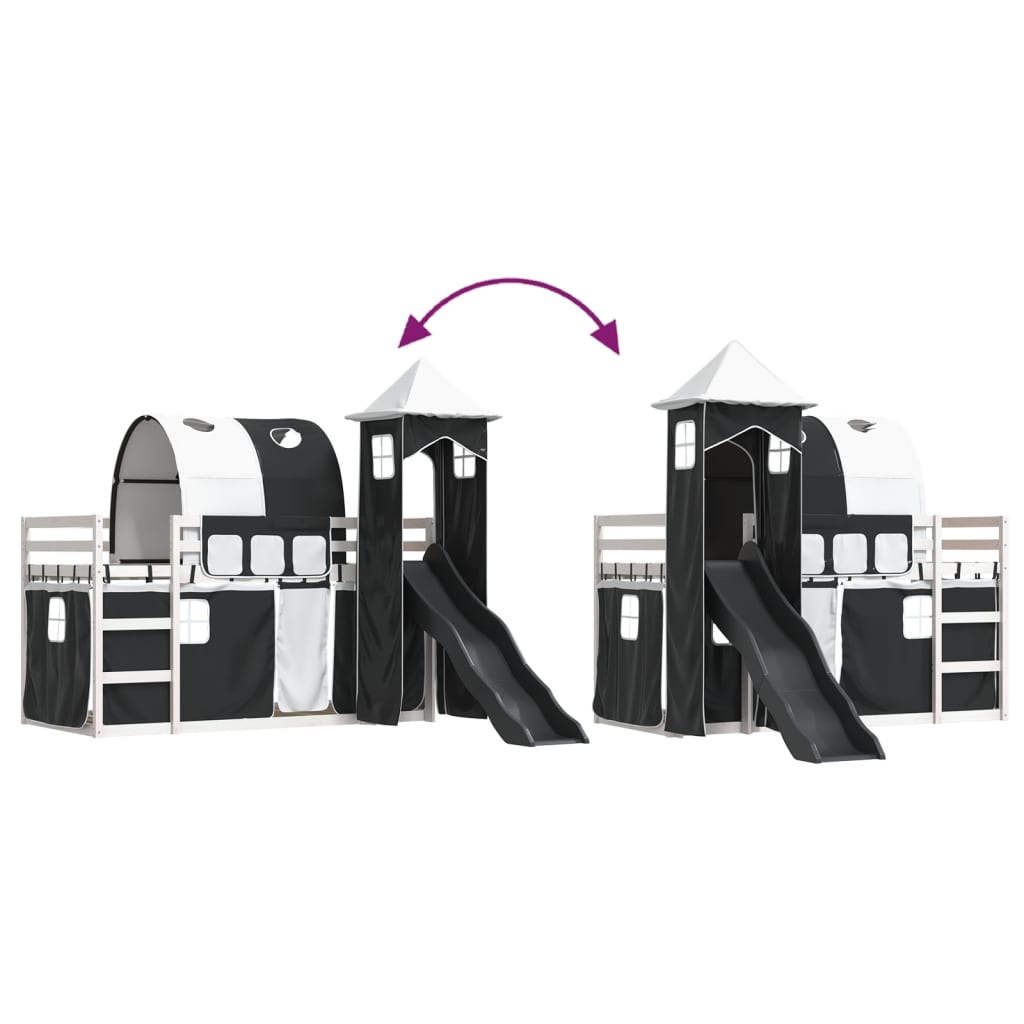 Stapelbed met glijbaan en gordijnen wit en zwart 90x190 cm is nu te koop bij PeponiXL, paradijselijk wonen!