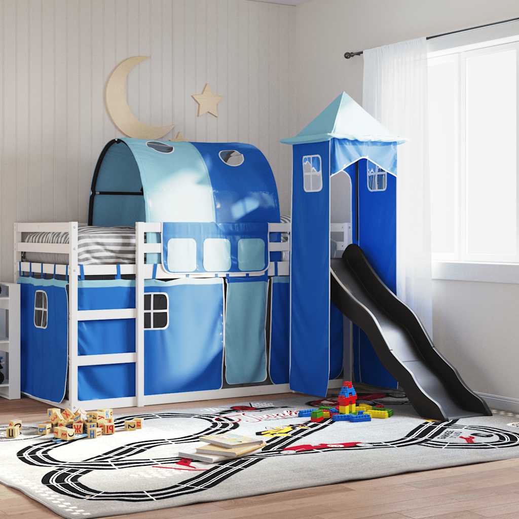 Stapelbed met glijbaan en gordijnen blauw 90x190 cm is nu te koop bij PeponiXL, paradijselijk wonen!