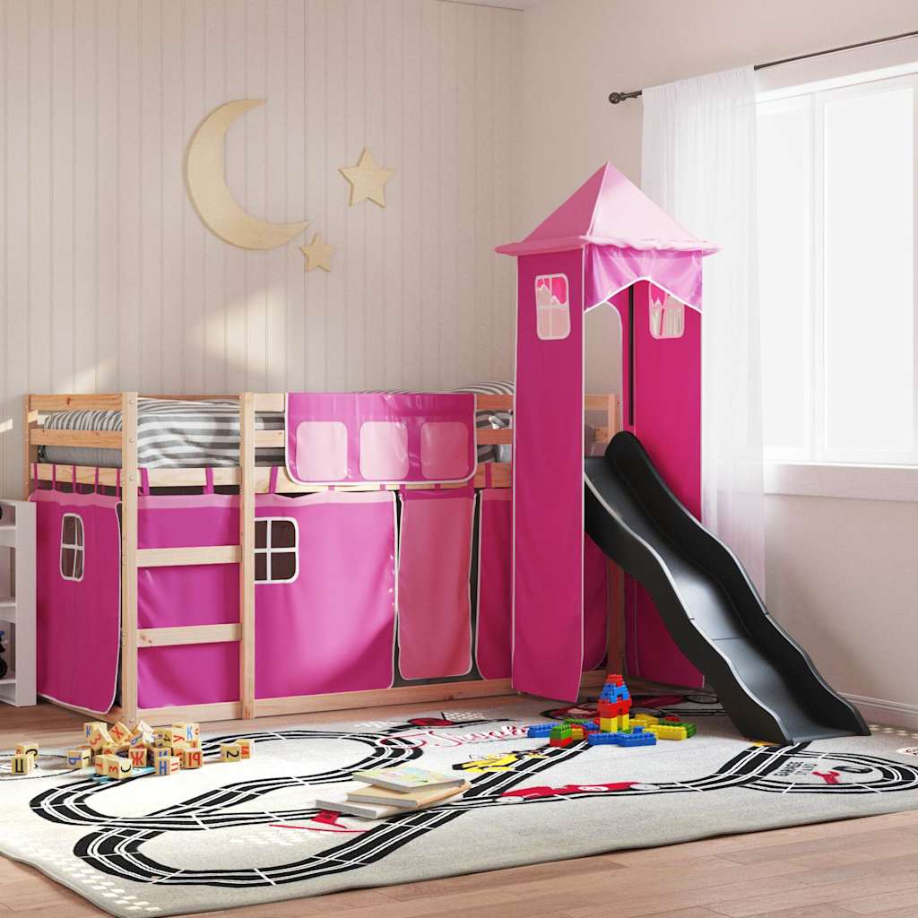 Stapelbed met glijbaan en gordijnen roze 80x200 cm is nu te koop bij PeponiXL, paradijselijk wonen!