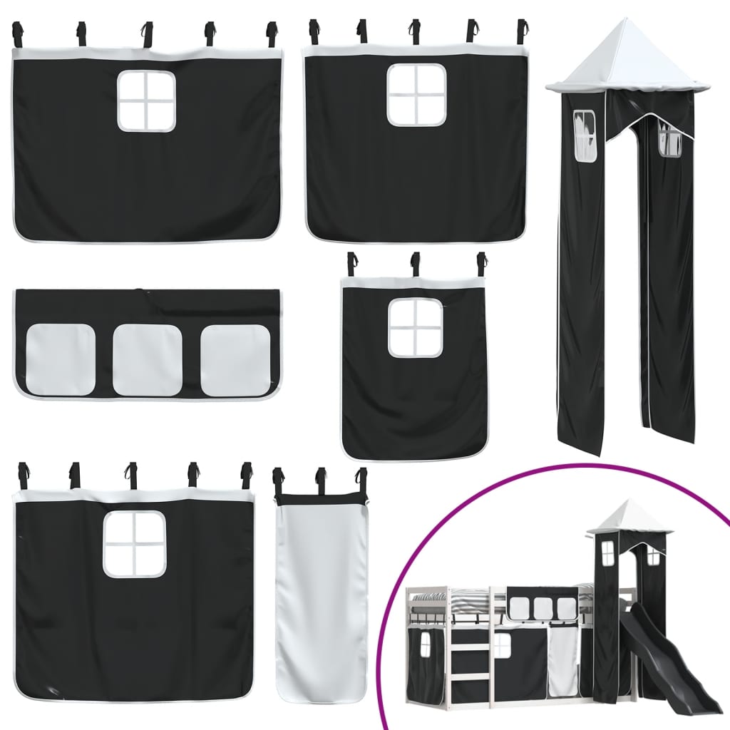 Stapelbed met glijbaan en gordijnen wit en zwart 90x190 cm is nu te koop bij PeponiXL, paradijselijk wonen!