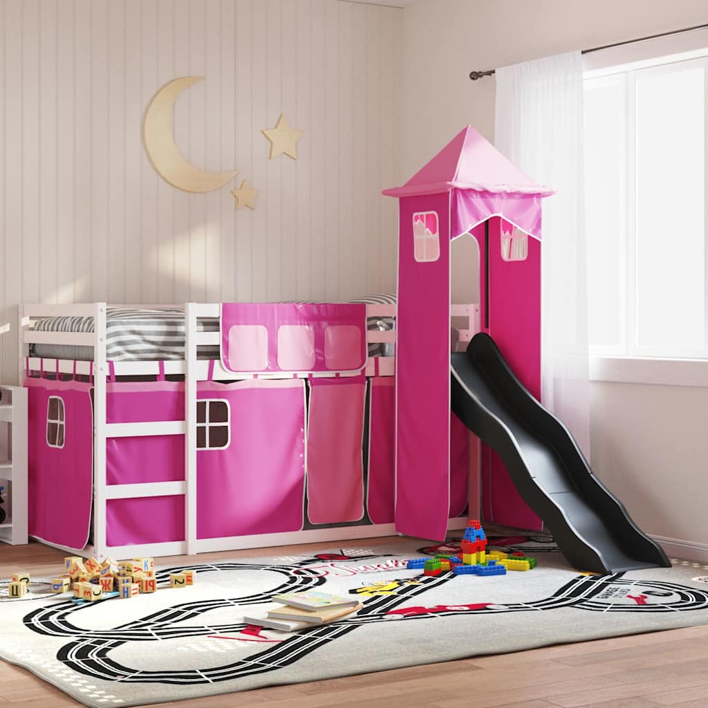 Stapelbed met glijbaan en gordijnen roze 90x190 cm is nu te koop bij PeponiXL, paradijselijk wonen!