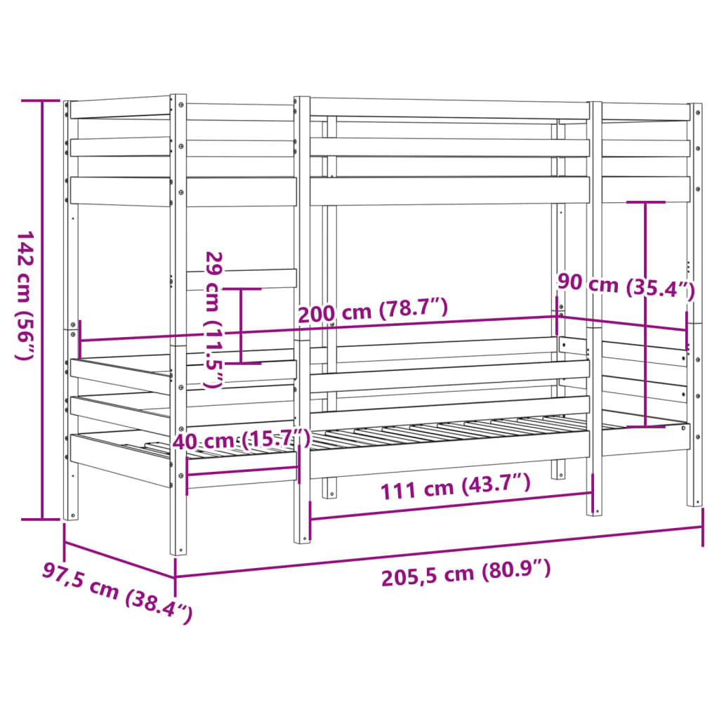 Stapelbedframe zonder matras massief grenenhout 90x200 cm is nu te koop bij PeponiXL, paradijselijk wonen!
