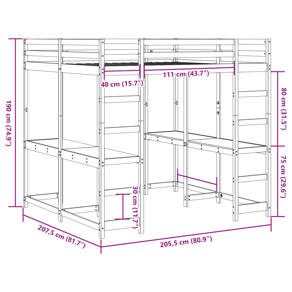 Hoogslaper met bureau en ladder grenenhout wit 200x200 cm is nu te koop bij PeponiXL, paradijselijk wonen!