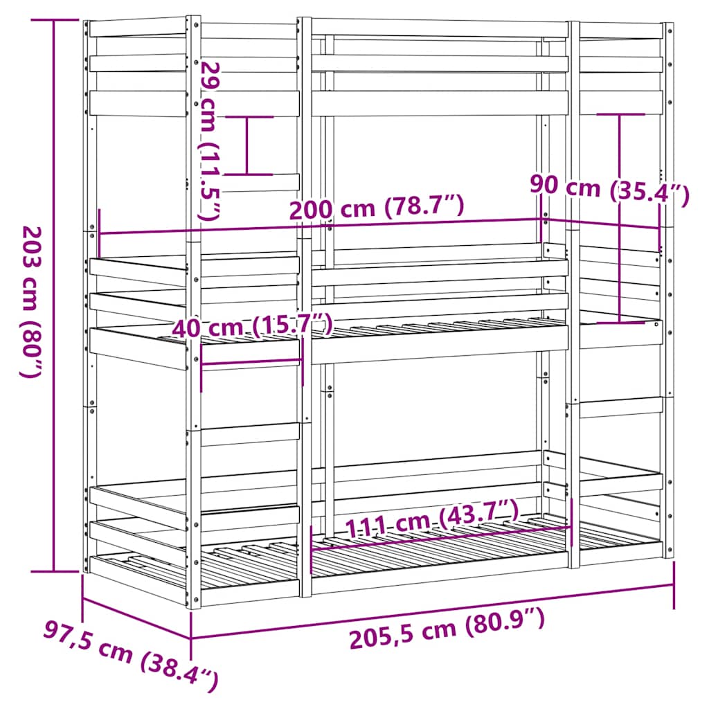 Stapelbed 3-persoons massief grenenhout wit 90x200 cm is nu te koop bij PeponiXL, paradijselijk wonen!