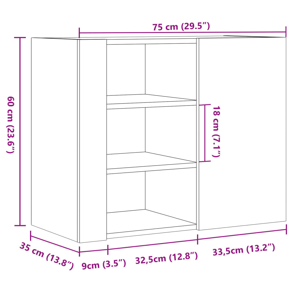 Wandkast 75x35x60 cm bewerkt hout bruin eikenkleurig is nu te koop bij PeponiXL, paradijselijk wonen!