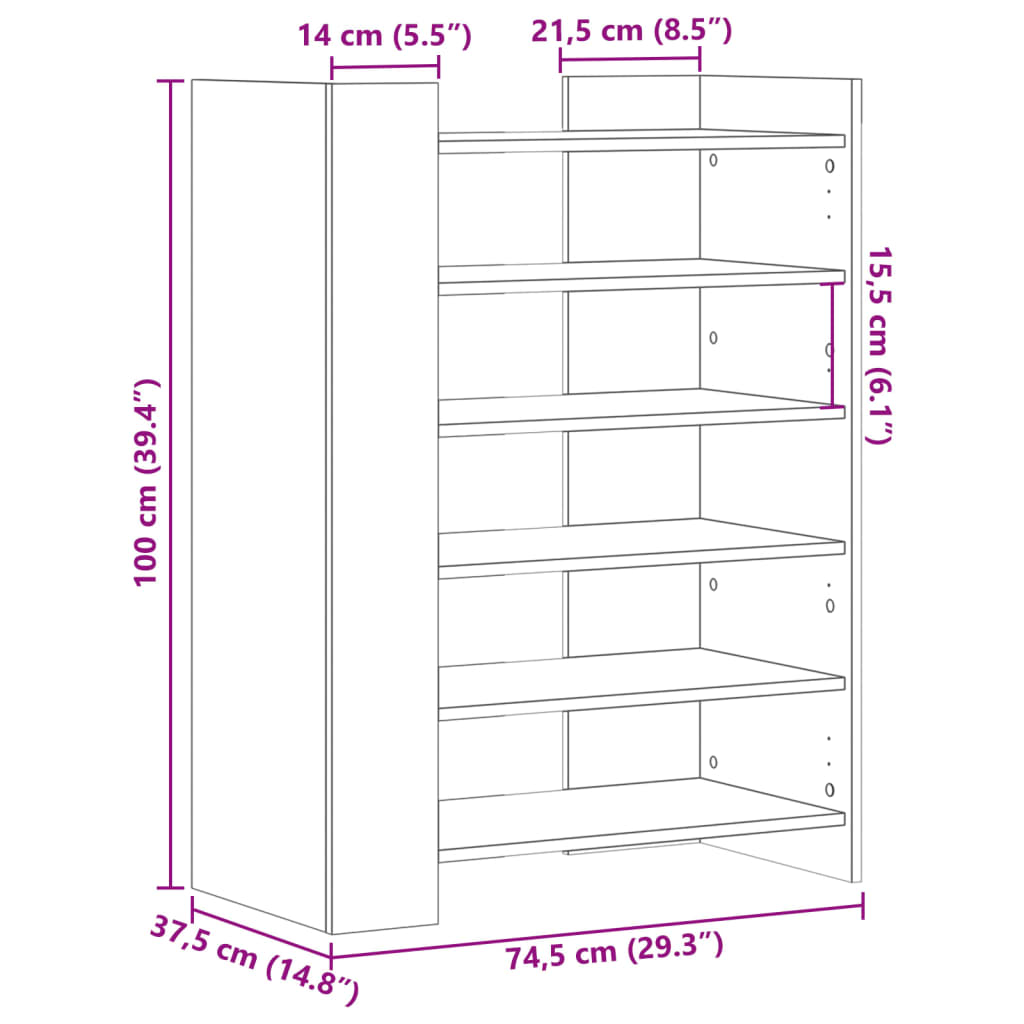 Schoenenkast 74,5x37,5x100 cm bewerkt hout sonoma eikenkleurig is nu te koop bij PeponiXL, paradijselijk wonen!