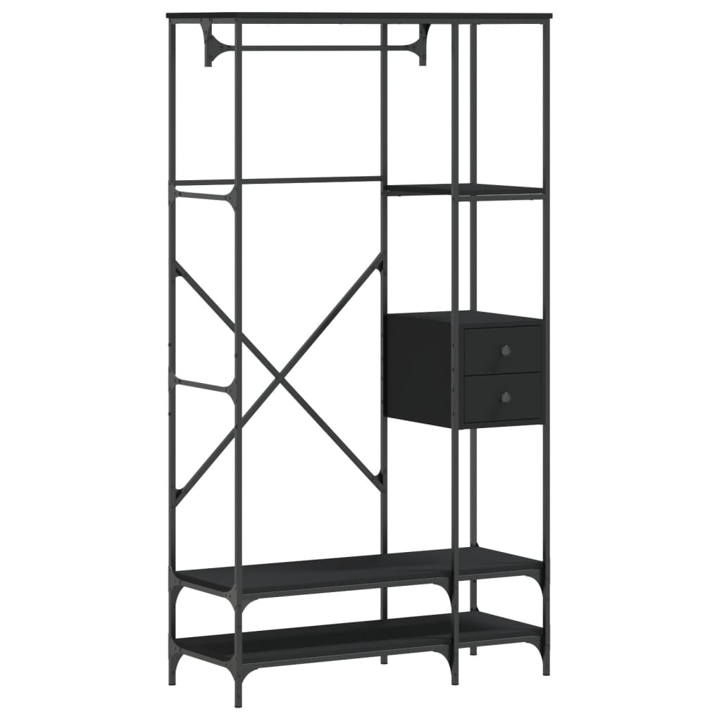 Kledingrek met schappen bewerkt hout zwart is nu te koop bij PeponiXL, paradijselijk wonen!