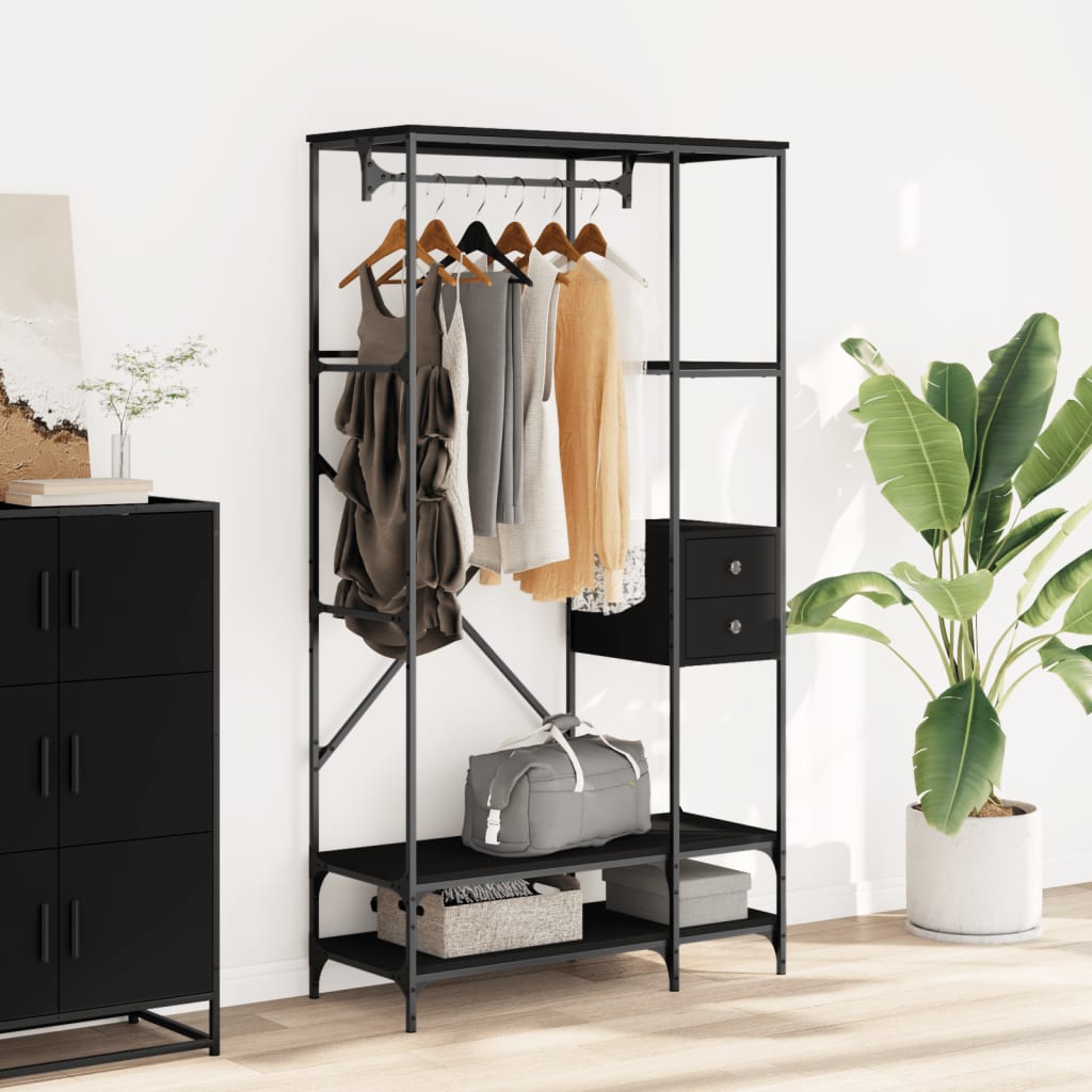 Kledingrek met schappen bewerkt hout zwart is nu te koop bij PeponiXL, paradijselijk wonen!