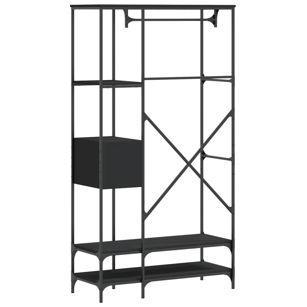 Kledingrek met schappen bewerkt hout zwart is nu te koop bij PeponiXL, paradijselijk wonen!