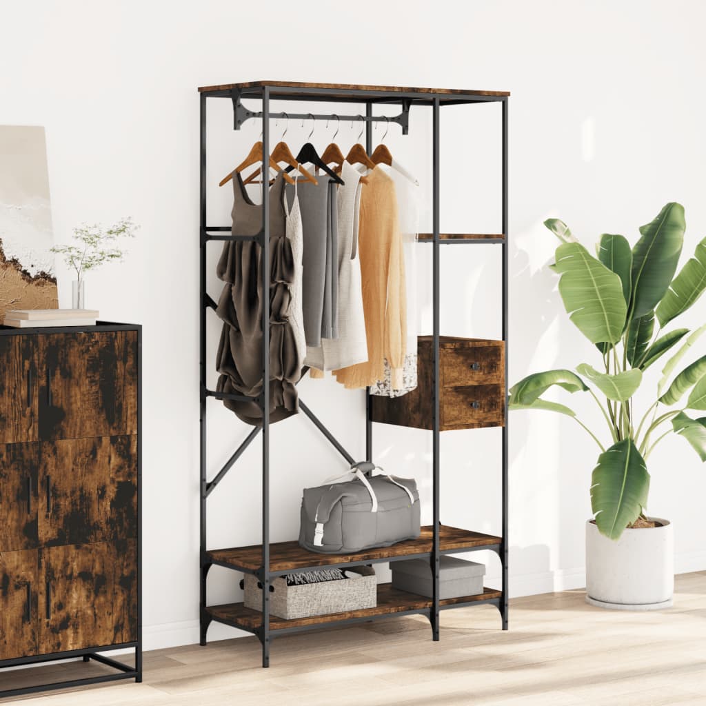 Kledingrek met schappen bewerkt hout gerookt eikenkleurig is nu te koop bij PeponiXL, paradijselijk wonen!