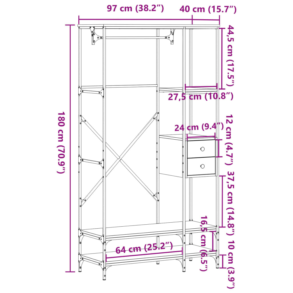 Kledingrek met schappen bewerkt hout gerookt eikenkleurig is nu te koop bij PeponiXL, paradijselijk wonen!