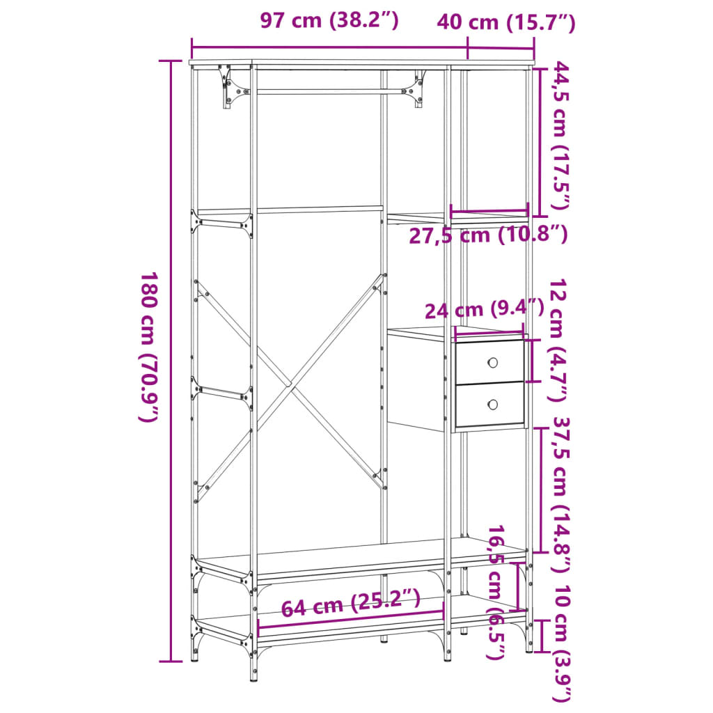 Kledingrek met schappen bewerkt hout grijs sonoma eikenkleurig is nu te koop bij PeponiXL, paradijselijk wonen!