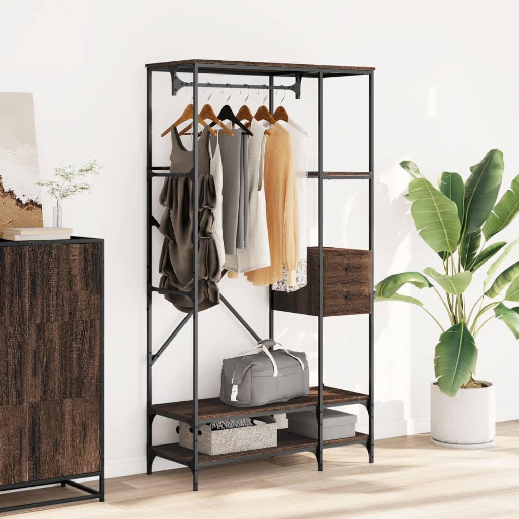 Kledingrek met schappen bewerkt hout bruin eikenkleur is nu te koop bij PeponiXL, paradijselijk wonen!
