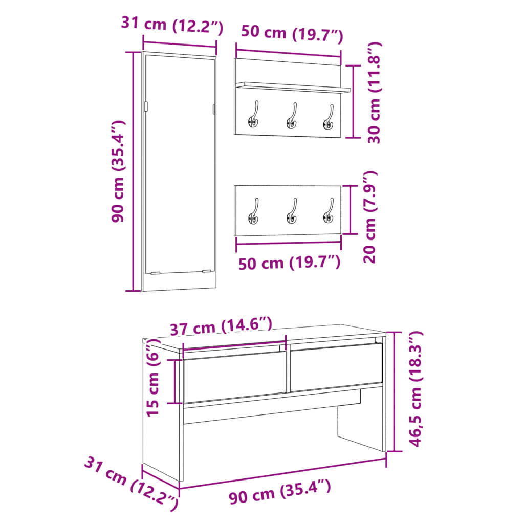 4-delige Garderobe set bewerkt hout sonoma eikenkleurig is nu te koop bij PeponiXL, paradijselijk wonen!
